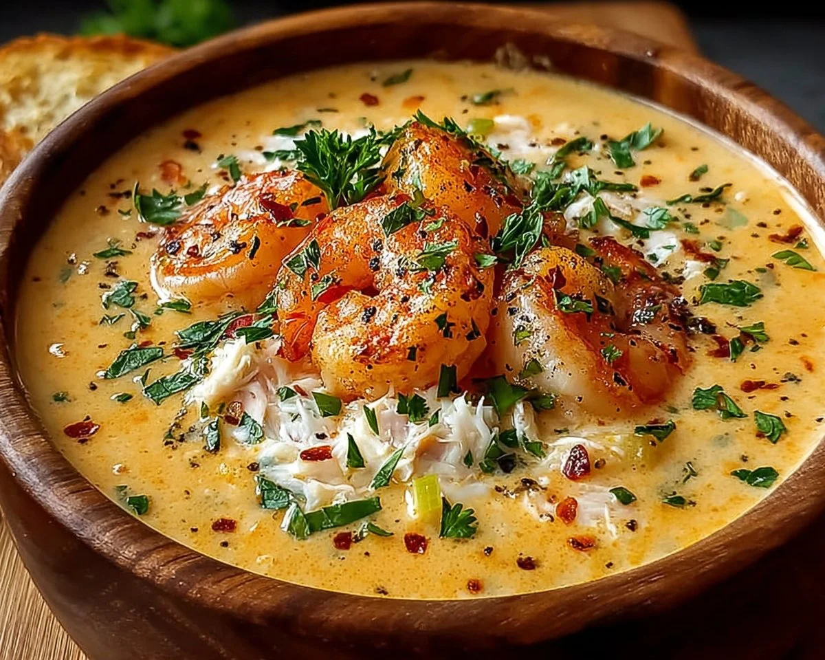 Creamy crab and shrimp seafood bisque in a bowl garnished with herbs