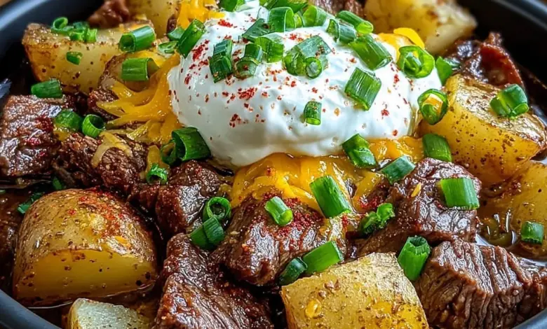 Crockpot Loaded Steak and Potato Bake, a hearty meal with juicy steak and potatoes