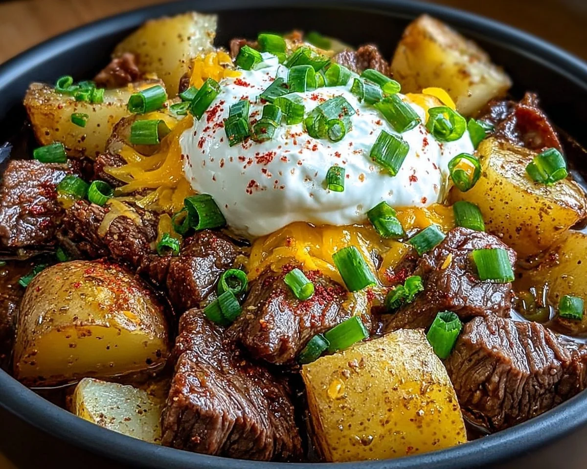 Crockpot Loaded Steak and Potato Bake, a hearty meal with juicy steak and potatoes