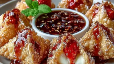 Deep-fried strawberry cheesecake wonton bites served on a plate