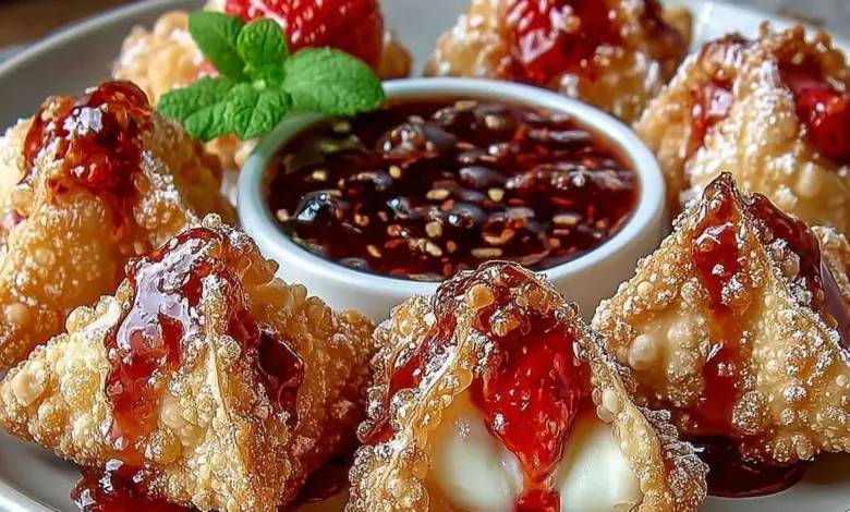 Deep-fried strawberry cheesecake wonton bites served on a plate