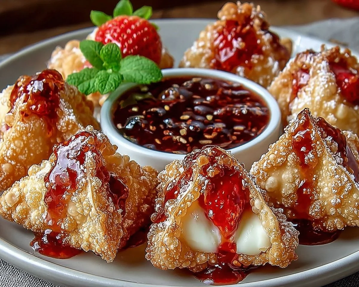 Deep-fried strawberry cheesecake wonton bites served on a plate