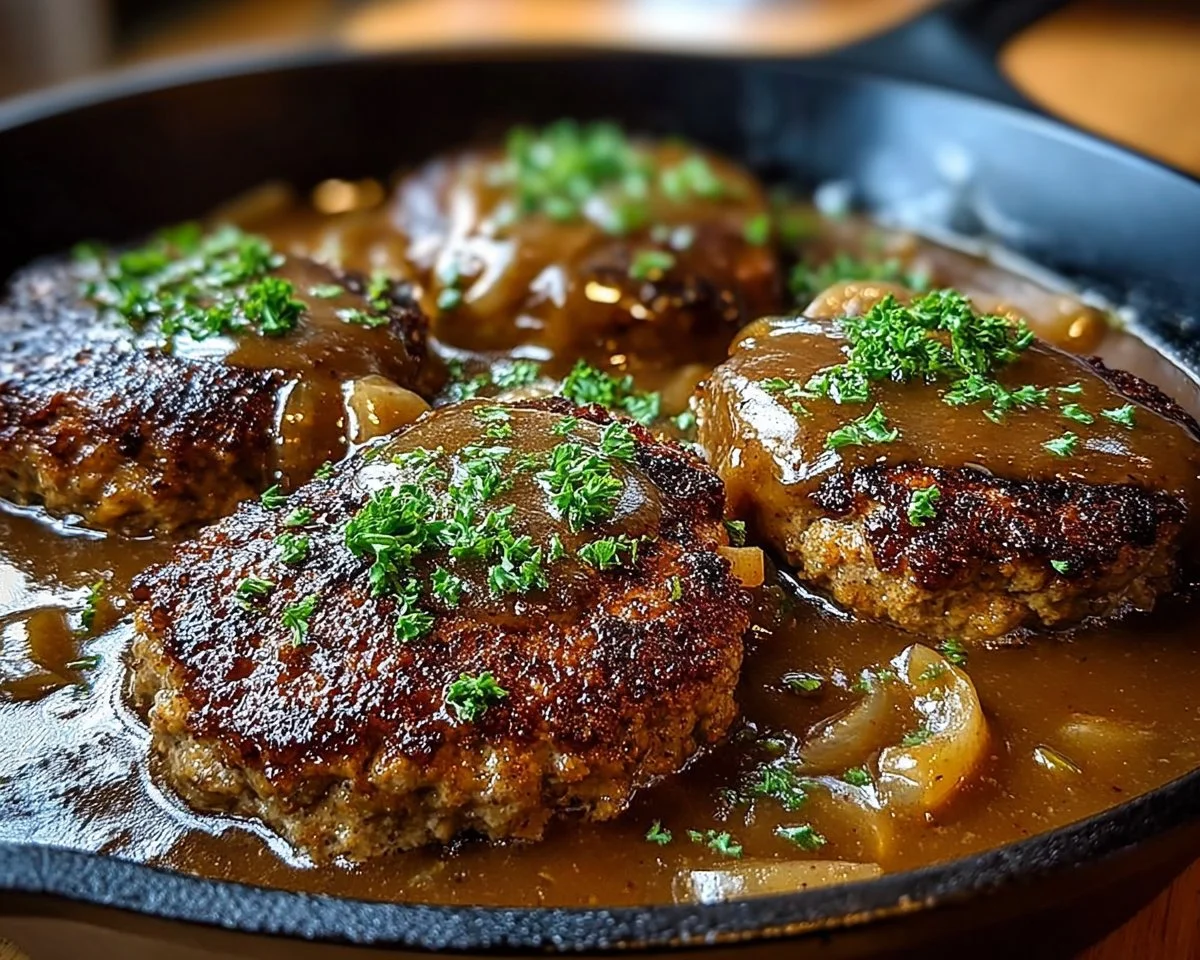 Plate of delicious Salisbury steak served with gravy and vegetables