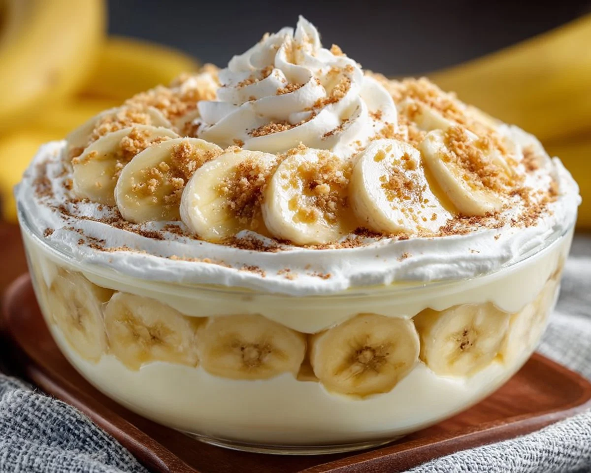 Delicious homemade easy banana pudding in a glass dish with whipped cream and bananas