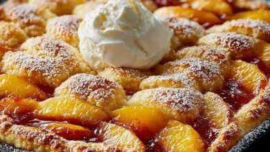 Delicious homemade easy peach cobbler served in a dish