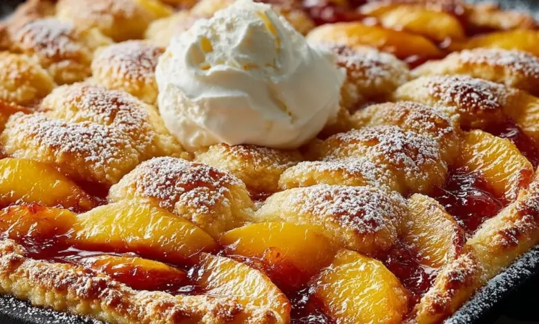 Delicious homemade easy peach cobbler served in a dish