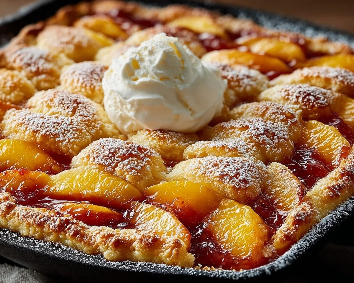 Delicious homemade easy peach cobbler served in a dish