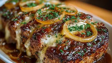 Delicious French onion meatloaf topped with melted cheese and caramelized onions.