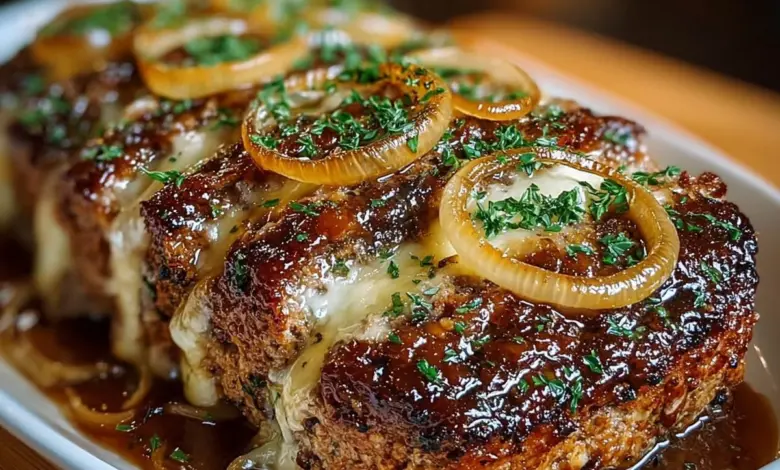 Delicious French onion meatloaf topped with melted cheese and caramelized onions.