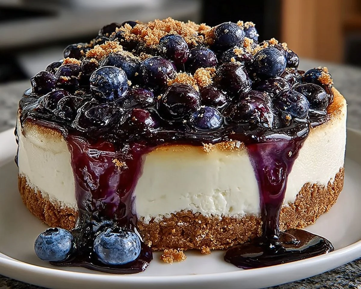 Fresh blueberry cheesecake topped with ripe blueberries and creamy layers.