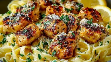 Delicious Garlic Butter Chicken with Lemon Parmesan Pasta served on a plate