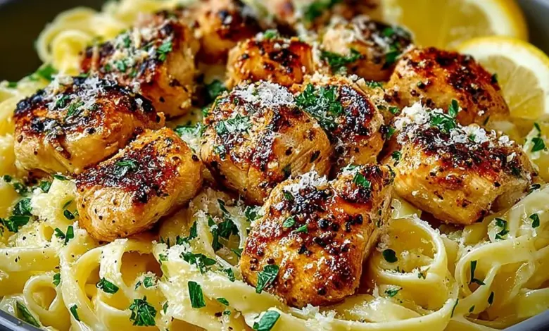 Delicious Garlic Butter Chicken with Lemon Parmesan Pasta served on a plate