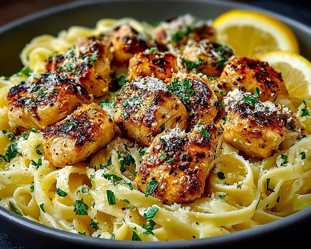 Delicious Garlic Butter Chicken with Lemon Parmesan Pasta served on a plate