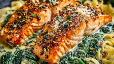 Garlic Butter Salmon with creamy spinach linguine on a white plate