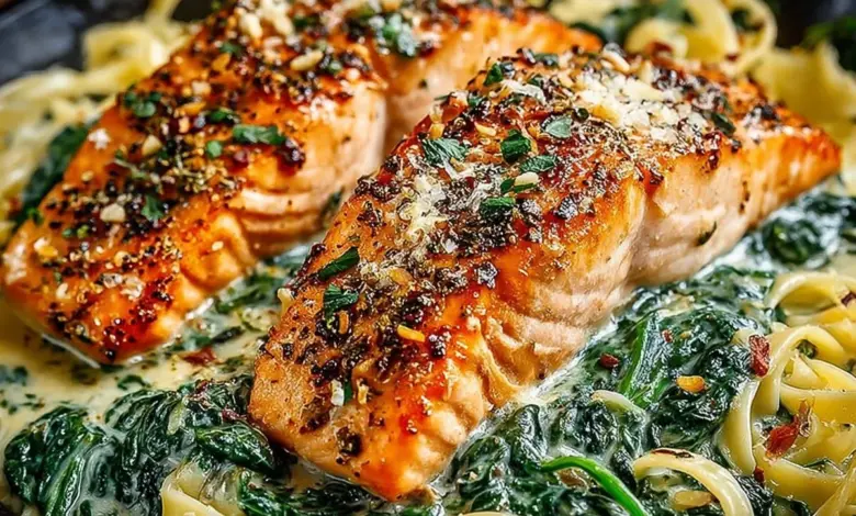 Garlic Butter Salmon with creamy spinach linguine on a white plate
