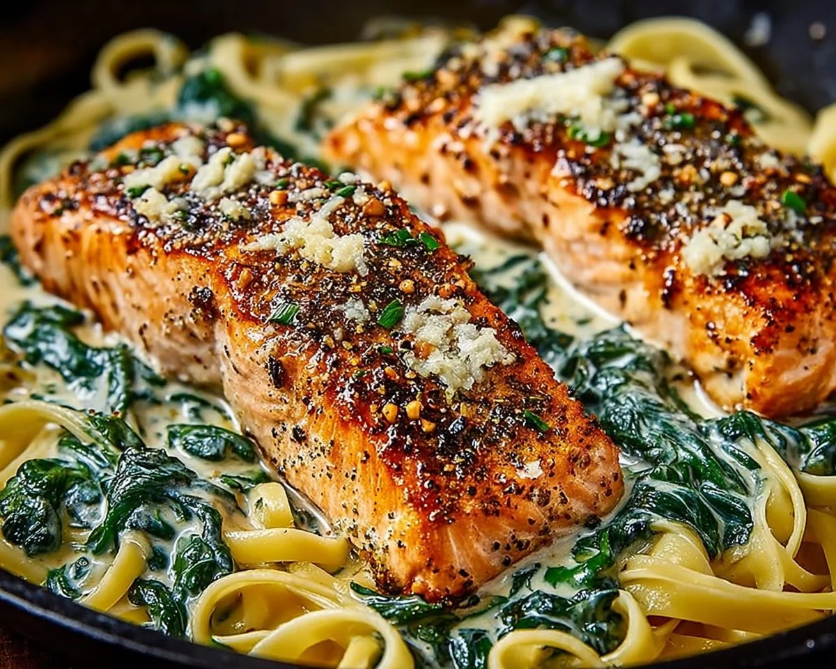 Garlic Butter Salmon with Creamy Spinach Linguine