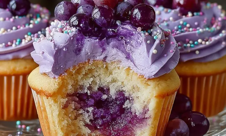 Grape Crush Cupcakes with grape frosting and vibrant colors