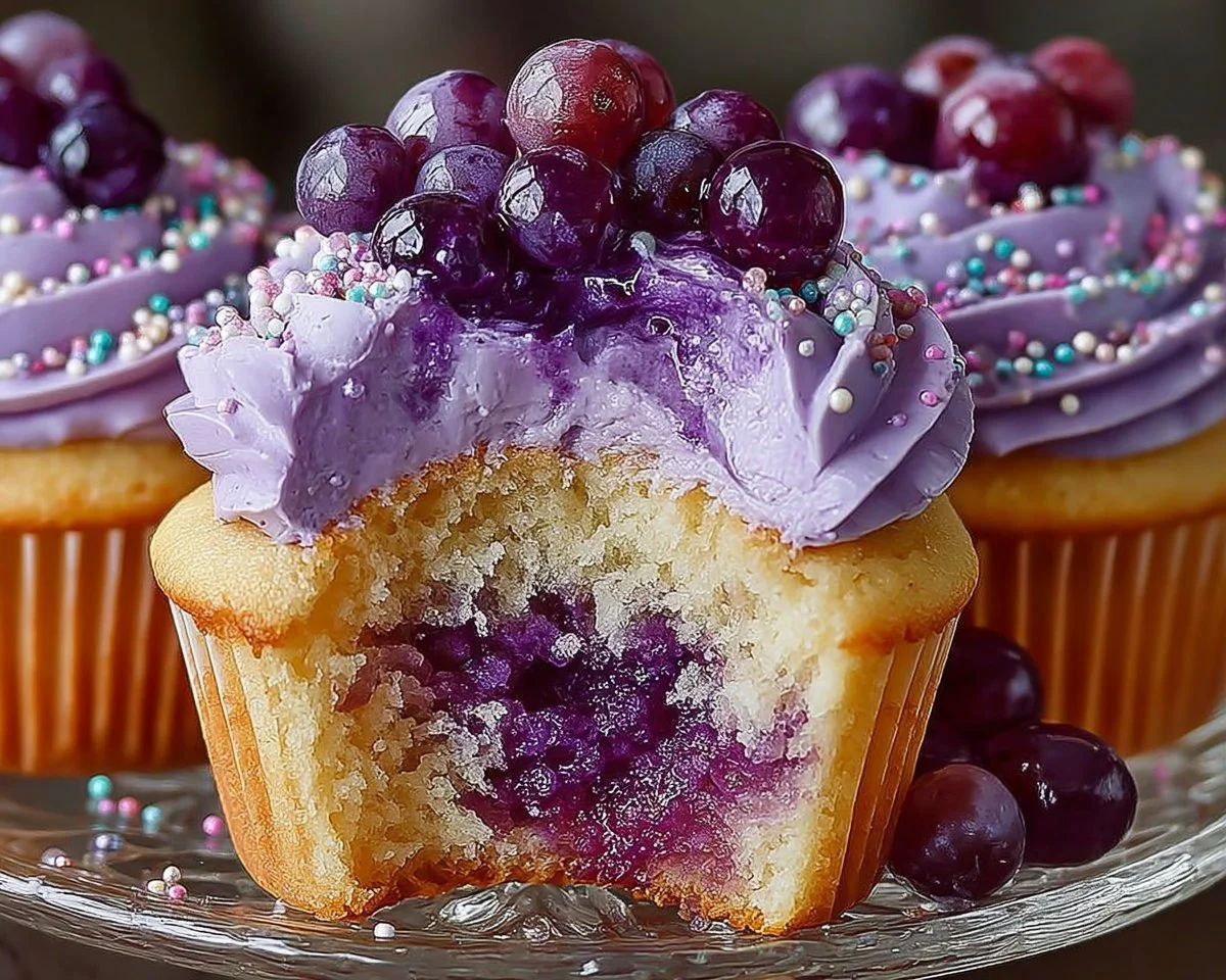 Grape Crush Cupcakes with grape frosting and vibrant colors