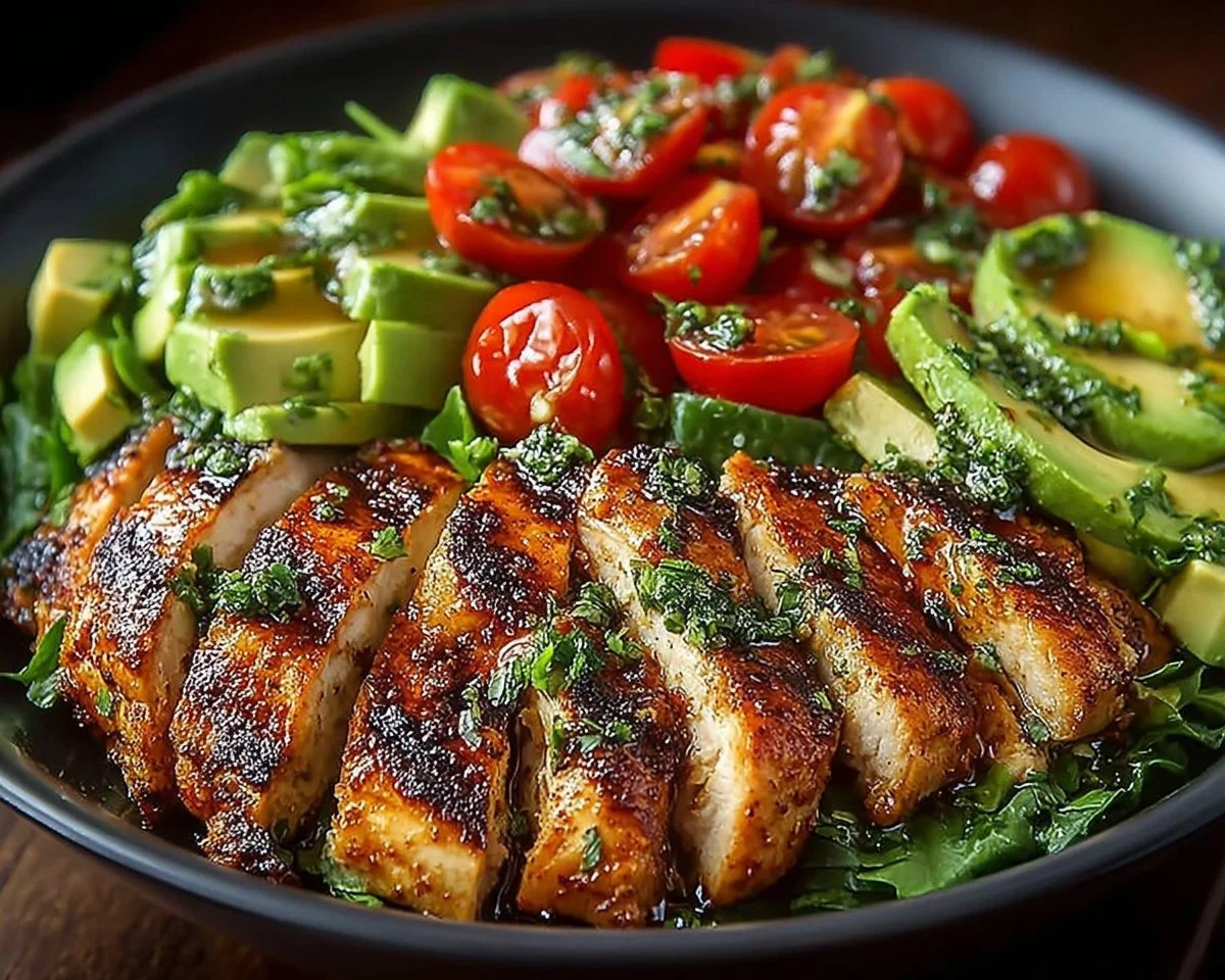 Grilled chicken avocado salad with fresh greens and vegetables