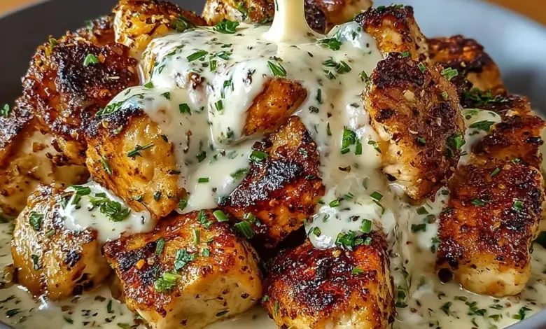 Grilled chicken bites served with creamy garlic sauce