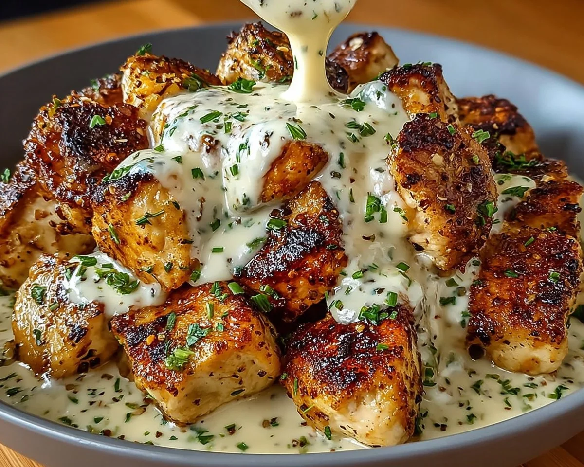 Grilled chicken bites served with creamy garlic sauce
