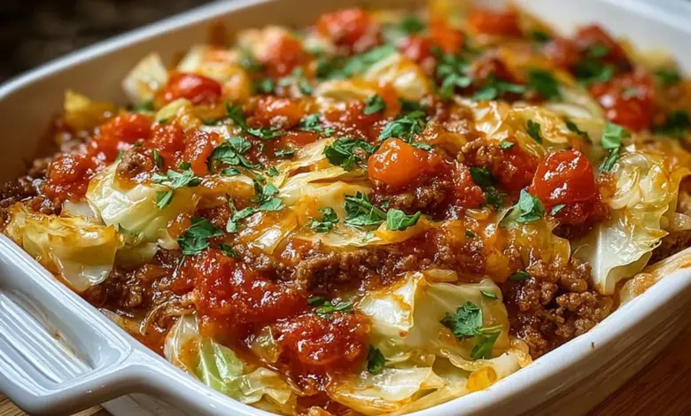 Hearty cabbage and ground beef casserole dish ready to serve