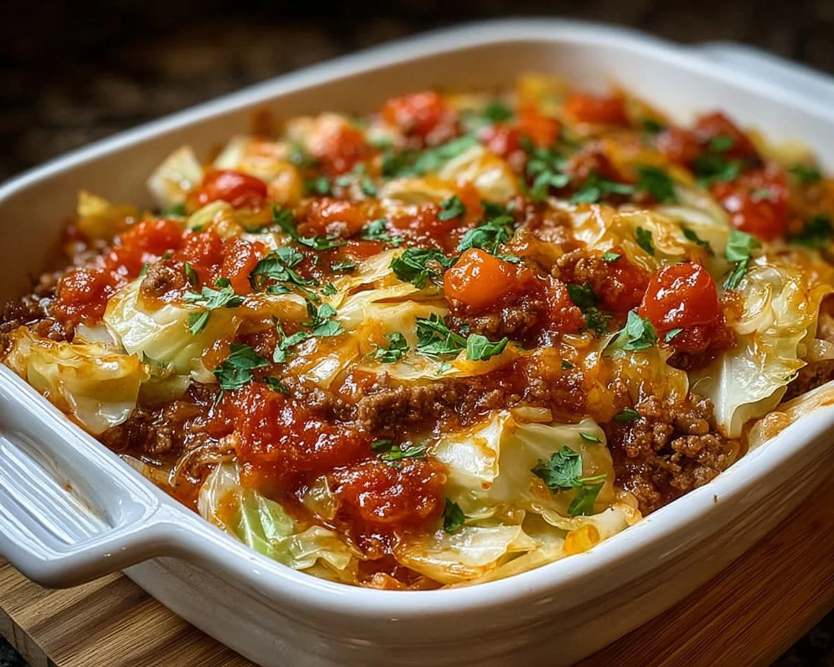 Hearty cabbage and ground beef casserole dish ready to serve