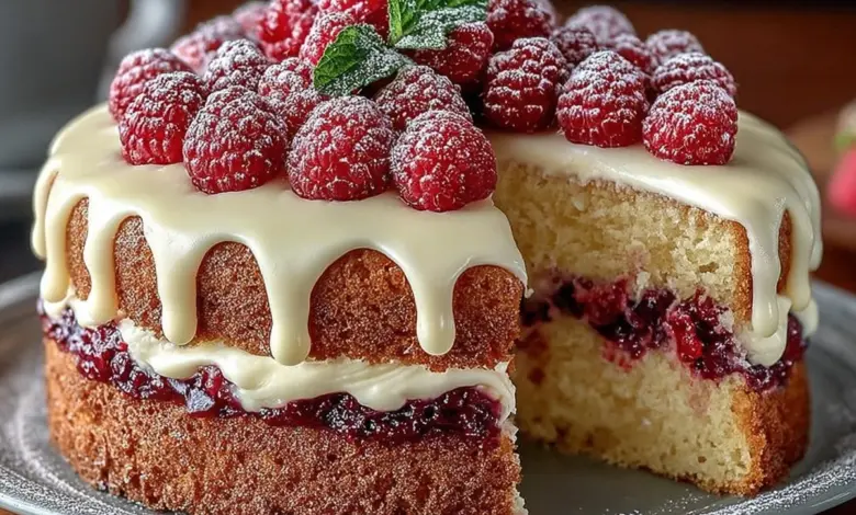 Heavenly White Chocolate Raspberry Cake with fresh raspberries and white chocolate frosting.