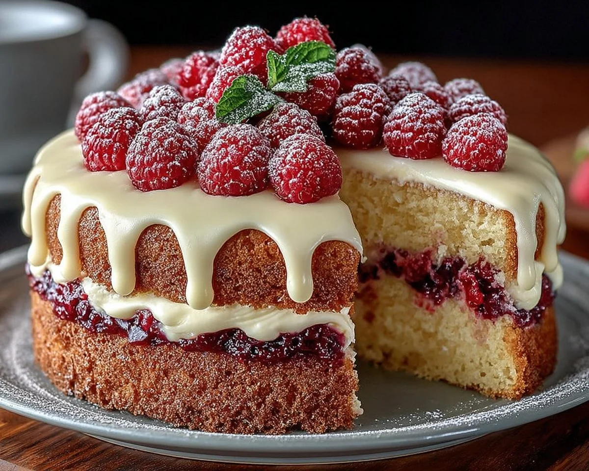Heavenly White Chocolate Raspberry Cake with fresh raspberries and white chocolate frosting.