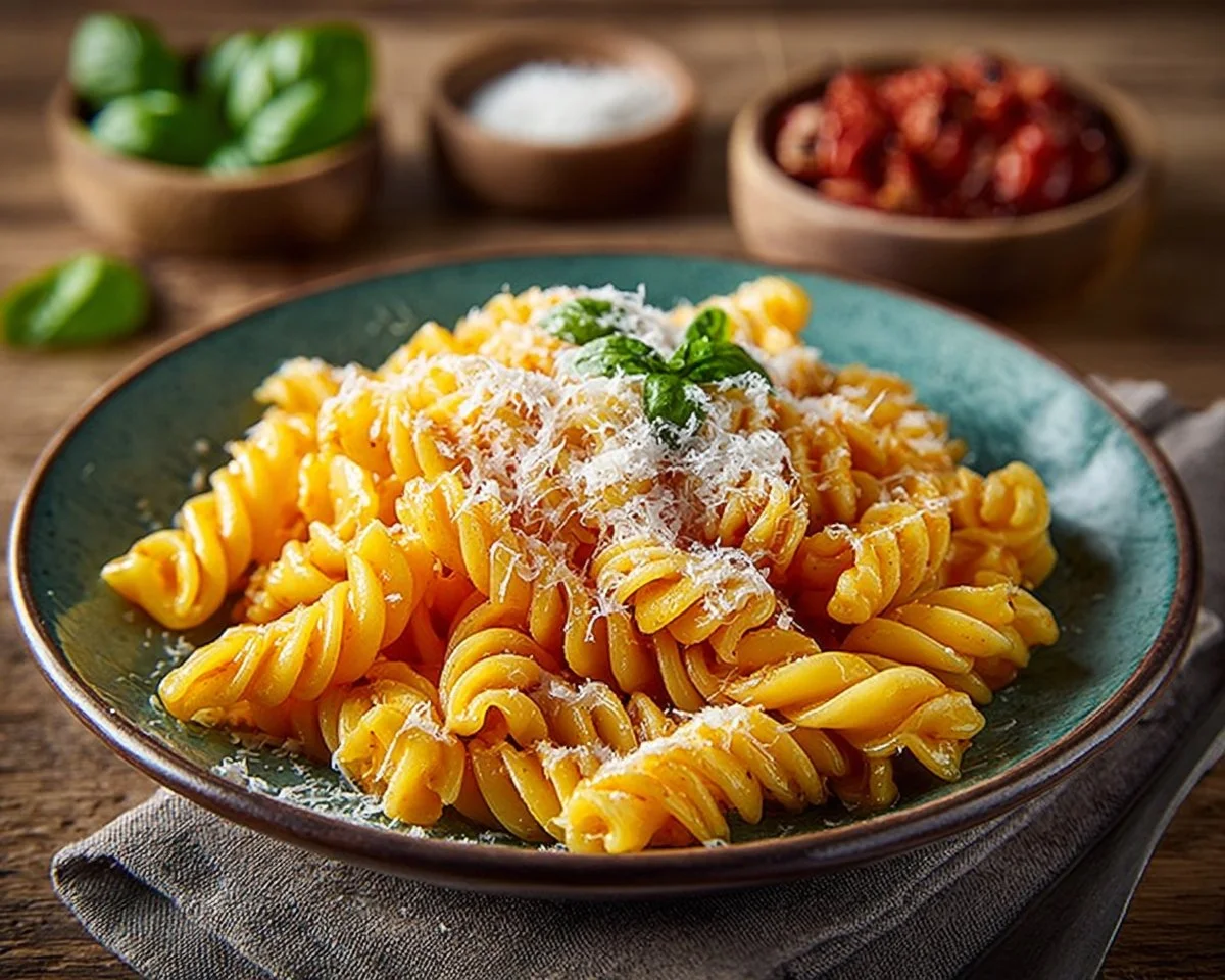 Plate of homemade gemelli pasta with fresh ingredients and sauce