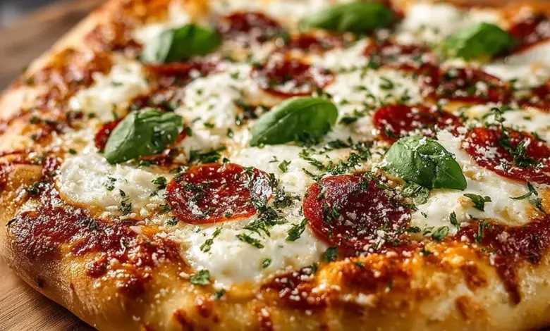 Delicious homemade pizza with fresh toppings and a golden crust