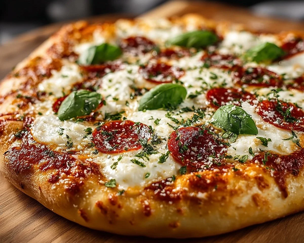 Delicious homemade pizza with fresh toppings and a golden crust