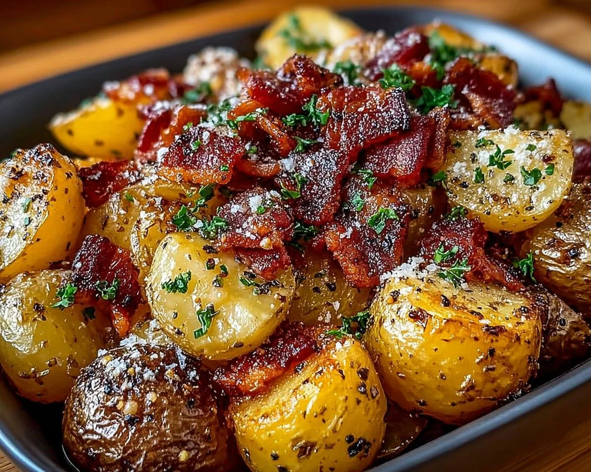 Delicious honey bacon roasted potatoes served in a bowl