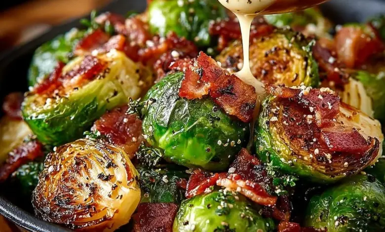 Honey-glazed roasted Brussels sprouts with crispy bacon in a serving dish