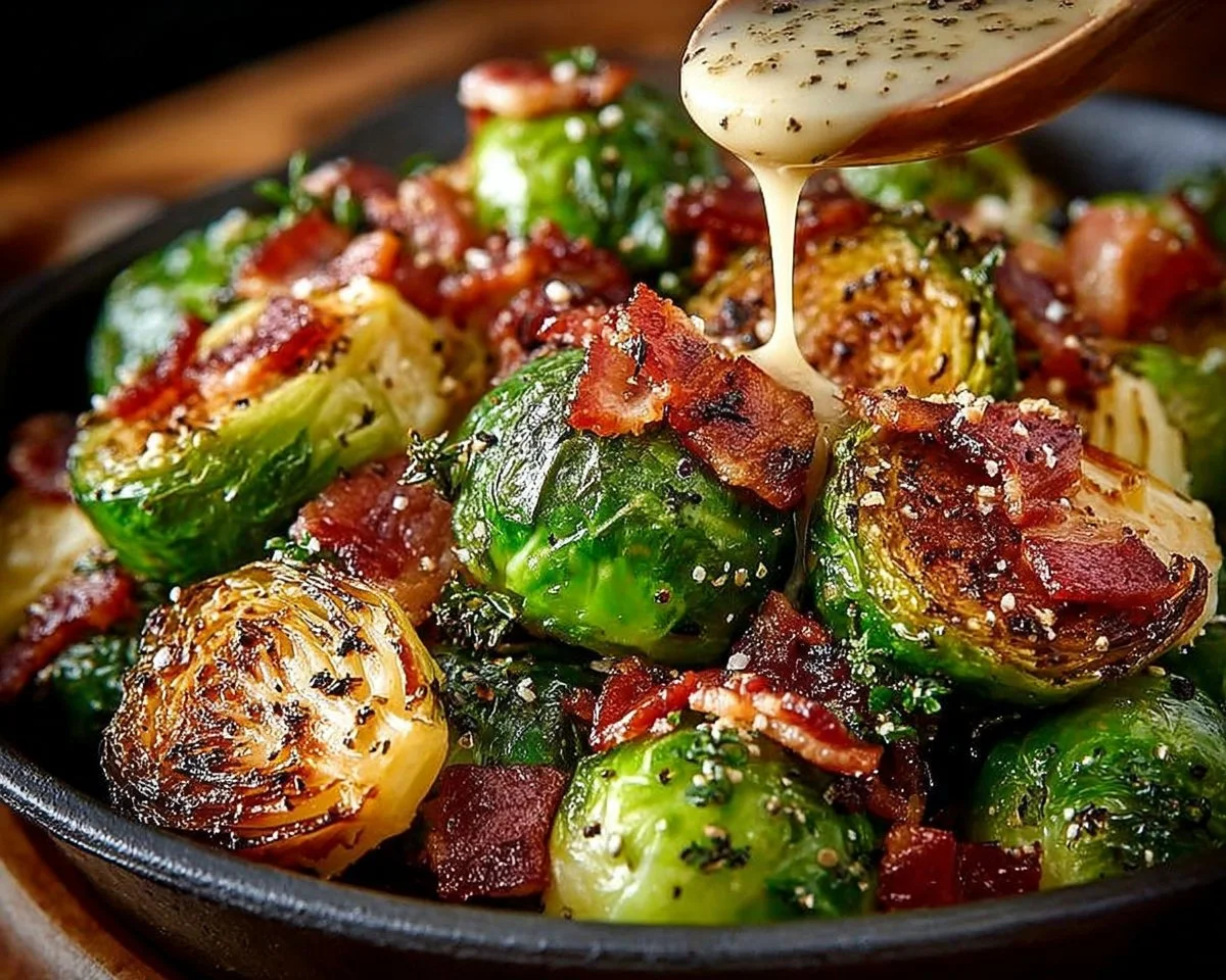 Honey-glazed roasted Brussels sprouts with crispy bacon in a serving dish