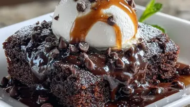 Delicious hot fudge pudding cake served warm with melted chocolate sauce
