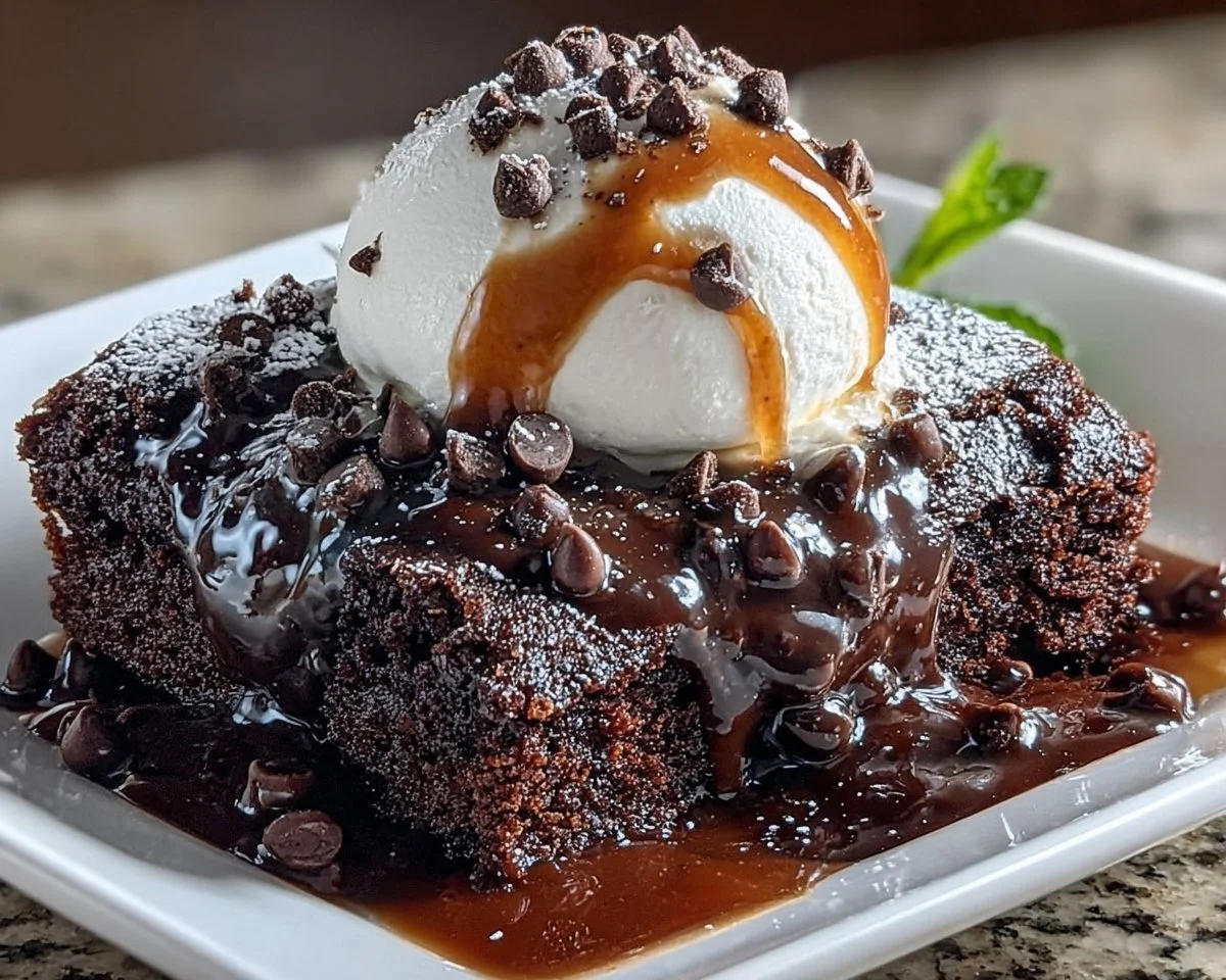 Delicious hot fudge pudding cake served warm with melted chocolate sauce