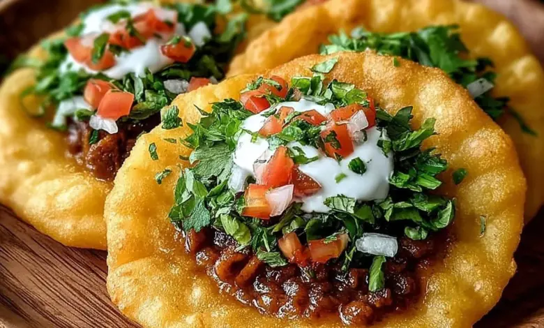 Delicious Indian fry bread tacos filled with savory ingredients.