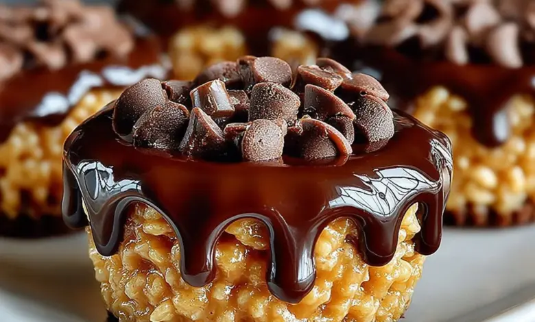 Delicious chocolate peanut butter rice krispie cups on a white plate