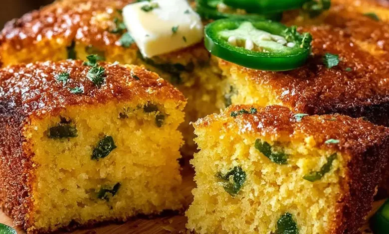 Freshly baked Jalapeño Cornbread with a golden crust and jalapeño pieces