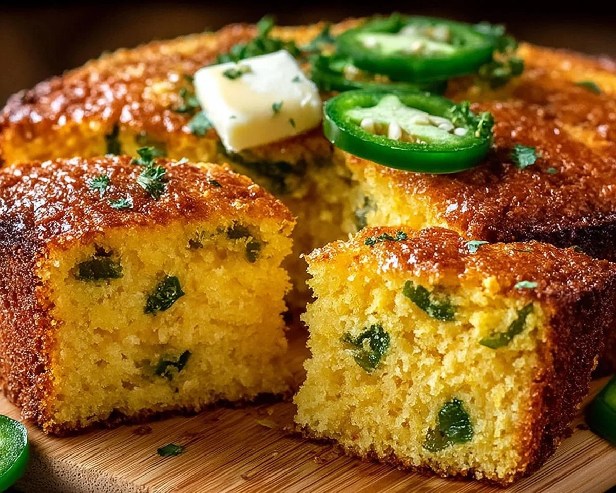 Freshly baked Jalapeño Cornbread with a golden crust and jalapeño pieces