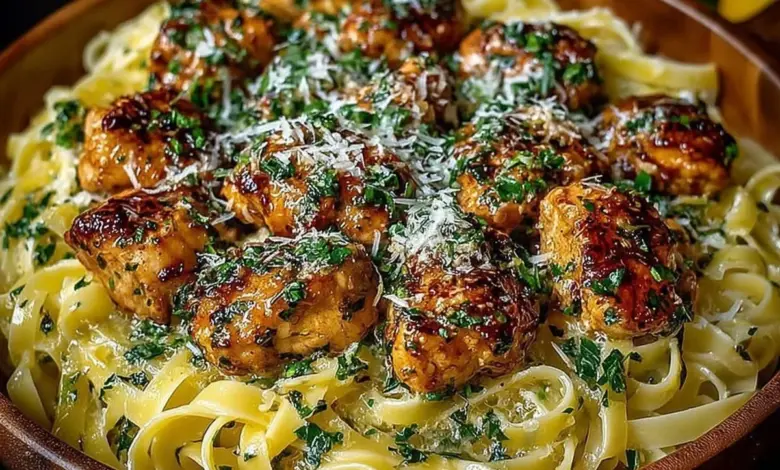 Plate of Lemon Garlic Butter Chicken Bites with Savory Parmesan Linguine