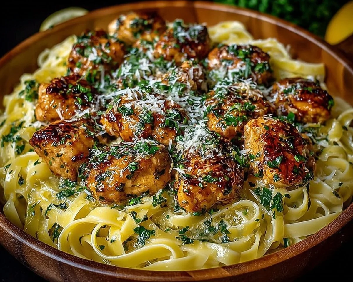 Plate of Lemon Garlic Butter Chicken Bites with Savory Parmesan Linguine