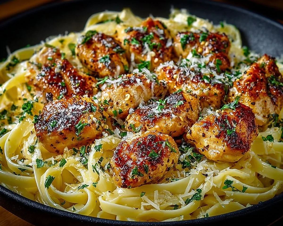 Lemon Garlic Butter Chicken Bites with Savory Parmesan Linguine