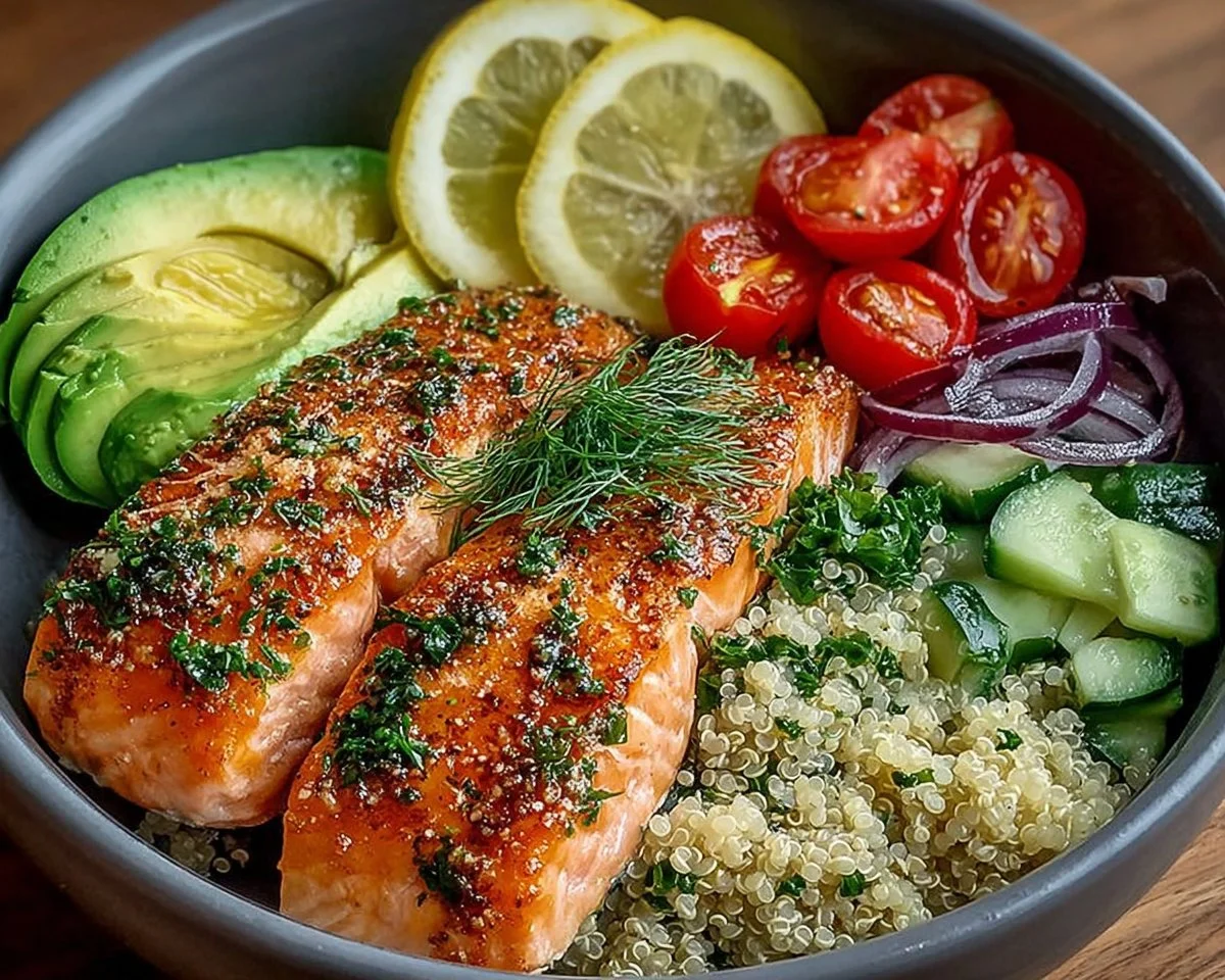 Lemon herb salmon served in a quinoa bowl with avocado and fresh herbs