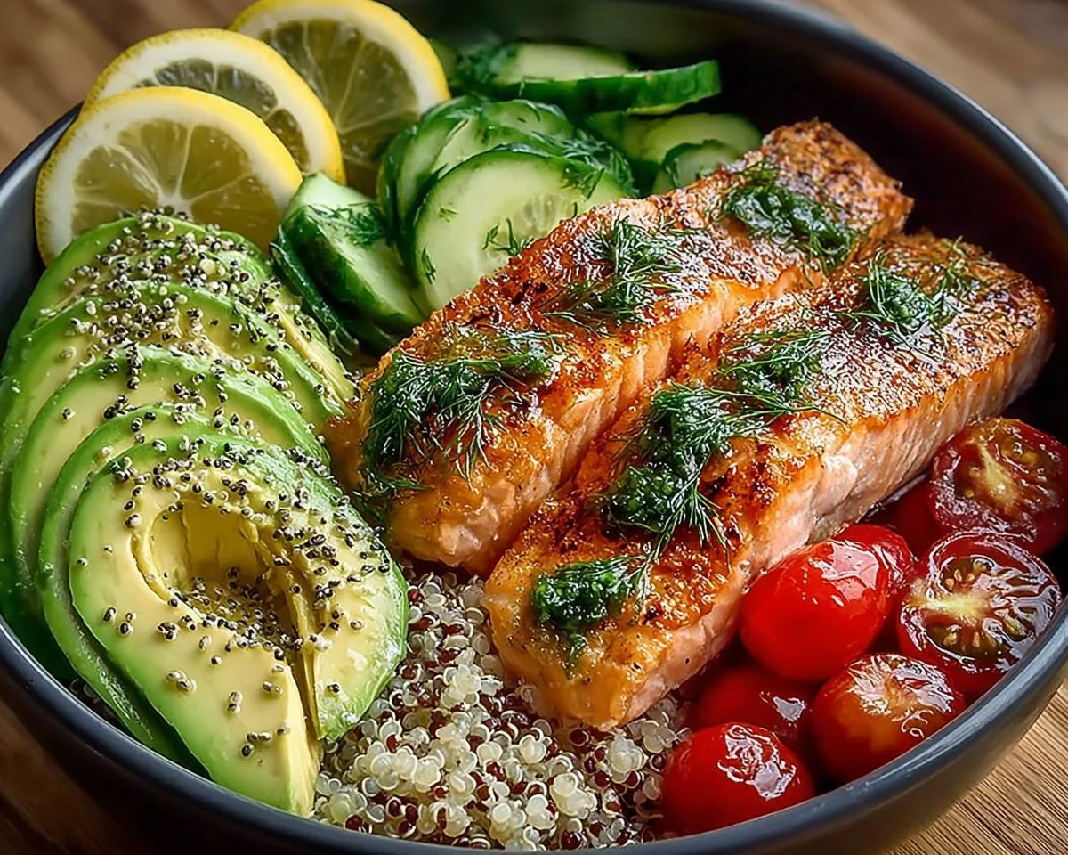 Lemon Herb Salmon and Avocado Quinoa Bowl
