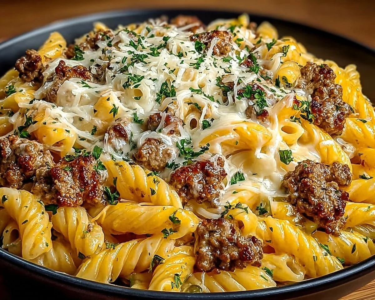 Delicious plate of Loaded Cheeseburger Alfredo Pasta topped with cheese and herbs