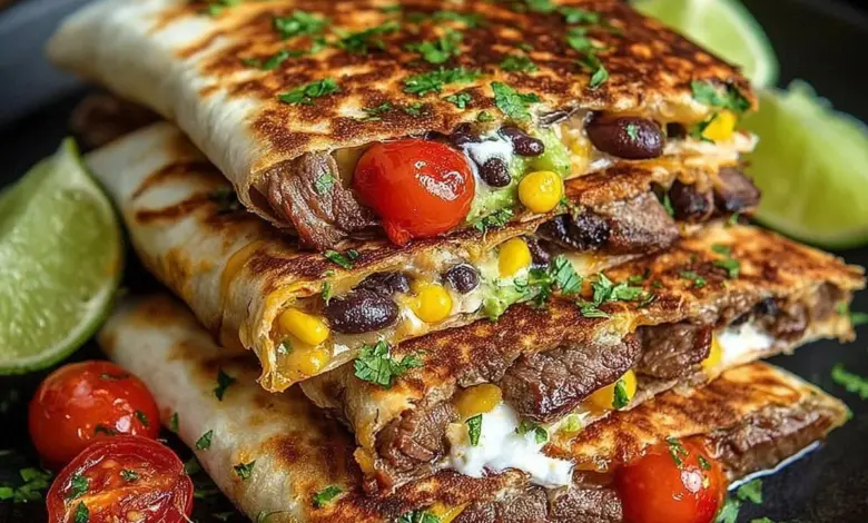 Delicious loaded steak quesadillas with melted cheese and toppings