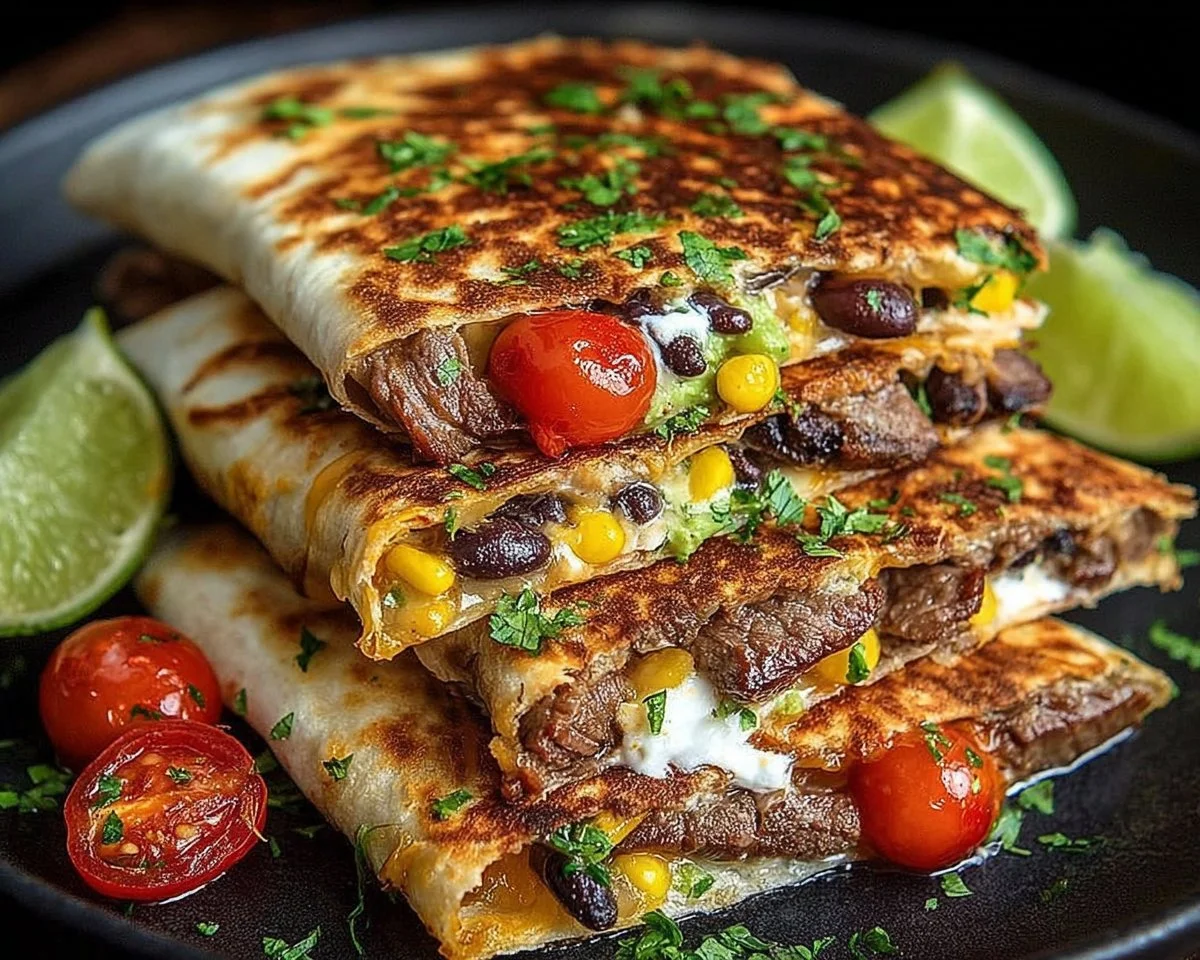 Delicious loaded steak quesadillas with melted cheese and toppings
