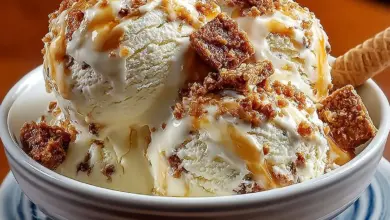 Malted milk toffee crunch ice cream with toffee bits and creamy texture